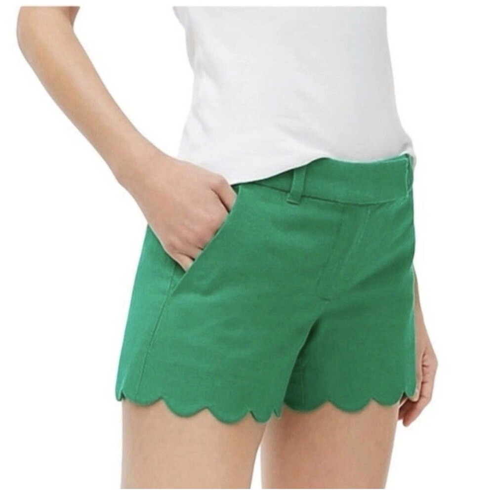 NWT Green J Crew Linen Cotton Scalloped Hem 4” Shorts Size 10